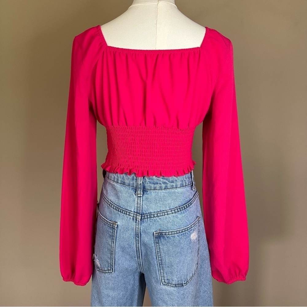 Women S Smocked Waist Long Balloon Sleeve Pink Crop Top Cottagecore Coquette - Picture 3 of 7